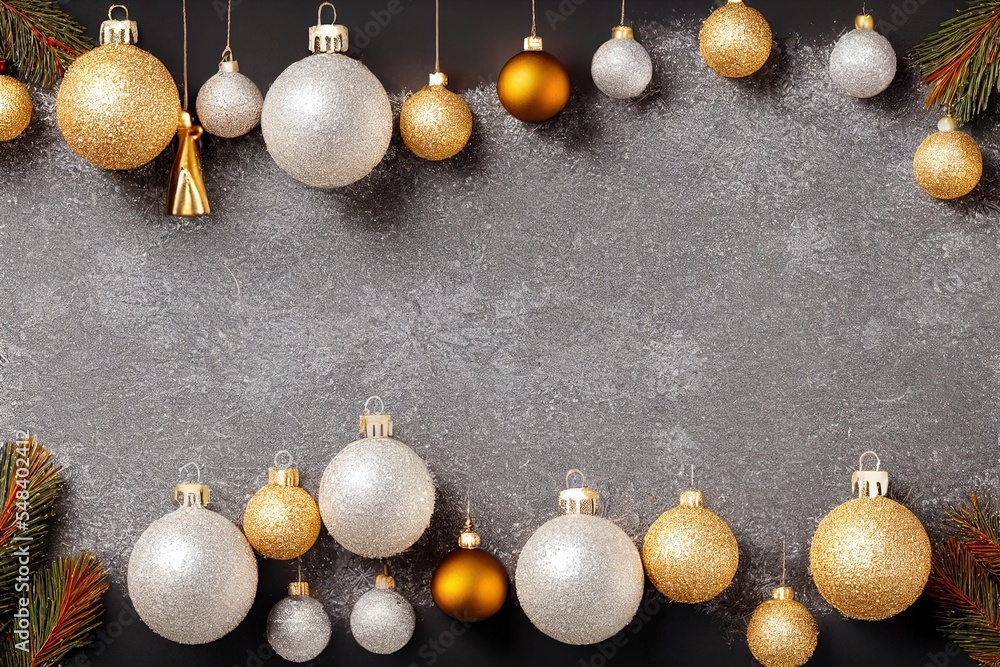 Poster a christmas background with ornaments and pine branches on a gray background with a place for a text