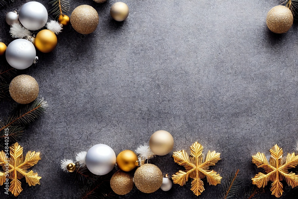 Poster a christmas tree with ornaments and pine branches on a gray background with a place for a text or a 