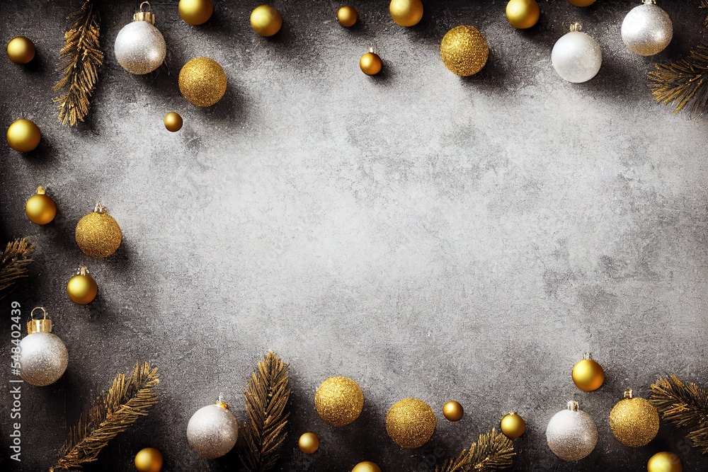 Aufkleber a gray background with gold and white ornaments and pine branches on it generative ai