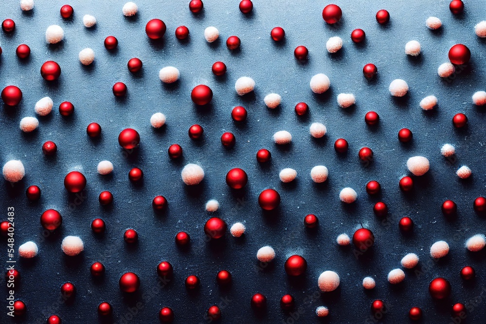 Poster a close up of a metal surface with red and white balls on it and a black background with white dots 