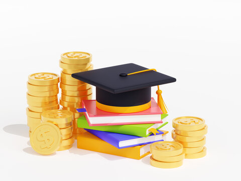 3D illustration of academic cap on books stack and money. Investment in education. Black graduation hat with tassel on pile of literature and golden coins. Symbol of education, future career success
