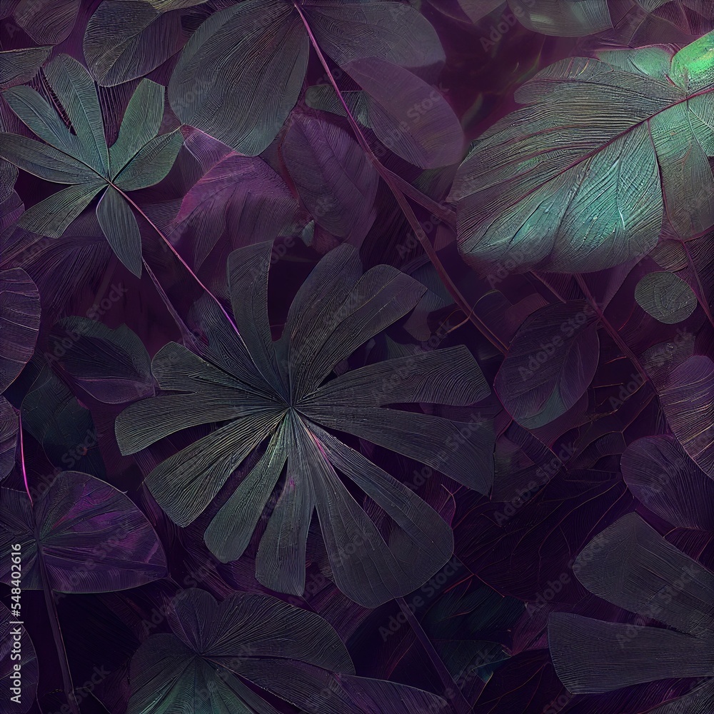 Poster a bunch of leaves that are on a table top with a cell phone in it's hand and a green light shining o