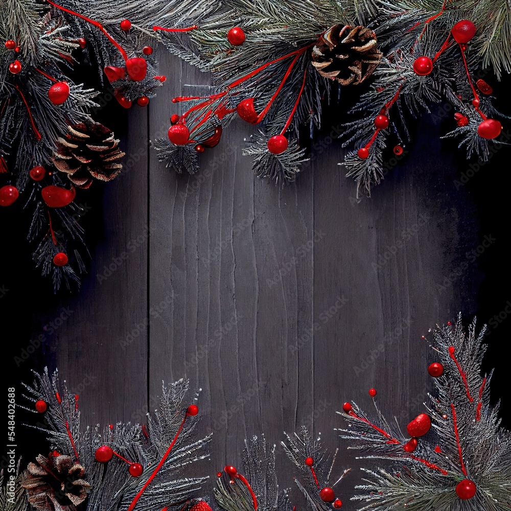 Poster a pine cone and red berries are on a wooden table with pine cones and fir cones on the top generativ