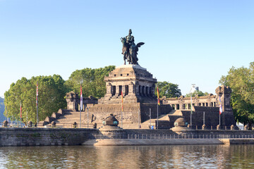 Deutsches Eck (German Corner) between Rhine and Moselle river with Emperor William monument statue...
