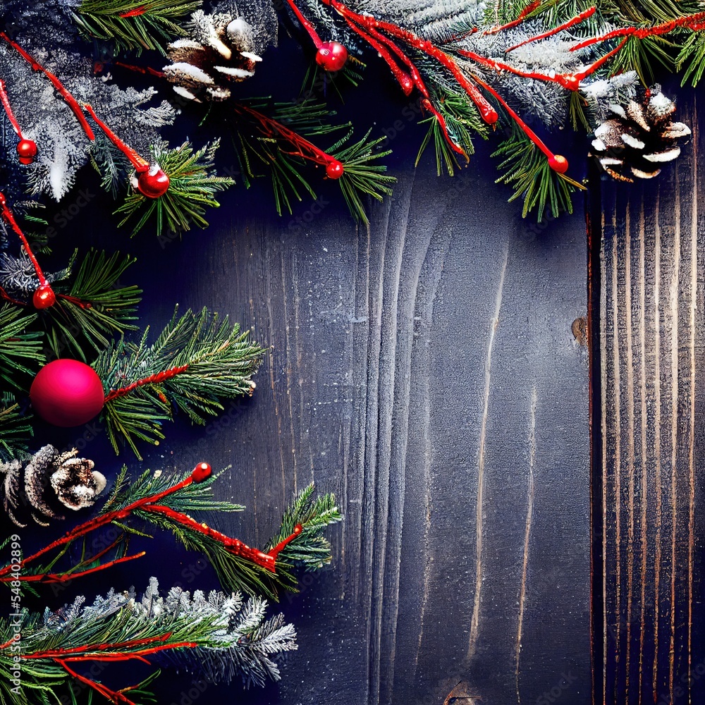 Poster a christmas tree with pine cones and red balls on a wooden table with a red ribbon and a red ornamen