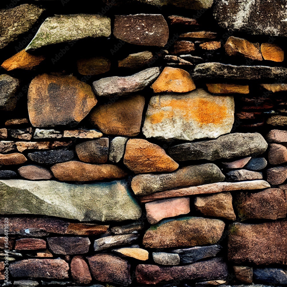 Poster a stone wall with a bench in the middle of it and a rock wall behind it with a bench in the middle g
