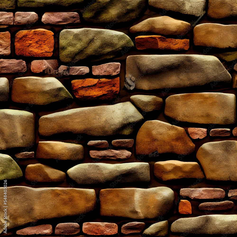 Poster a stone wall with a bunch of rocks on it's side and a clock on the side of it generative ai