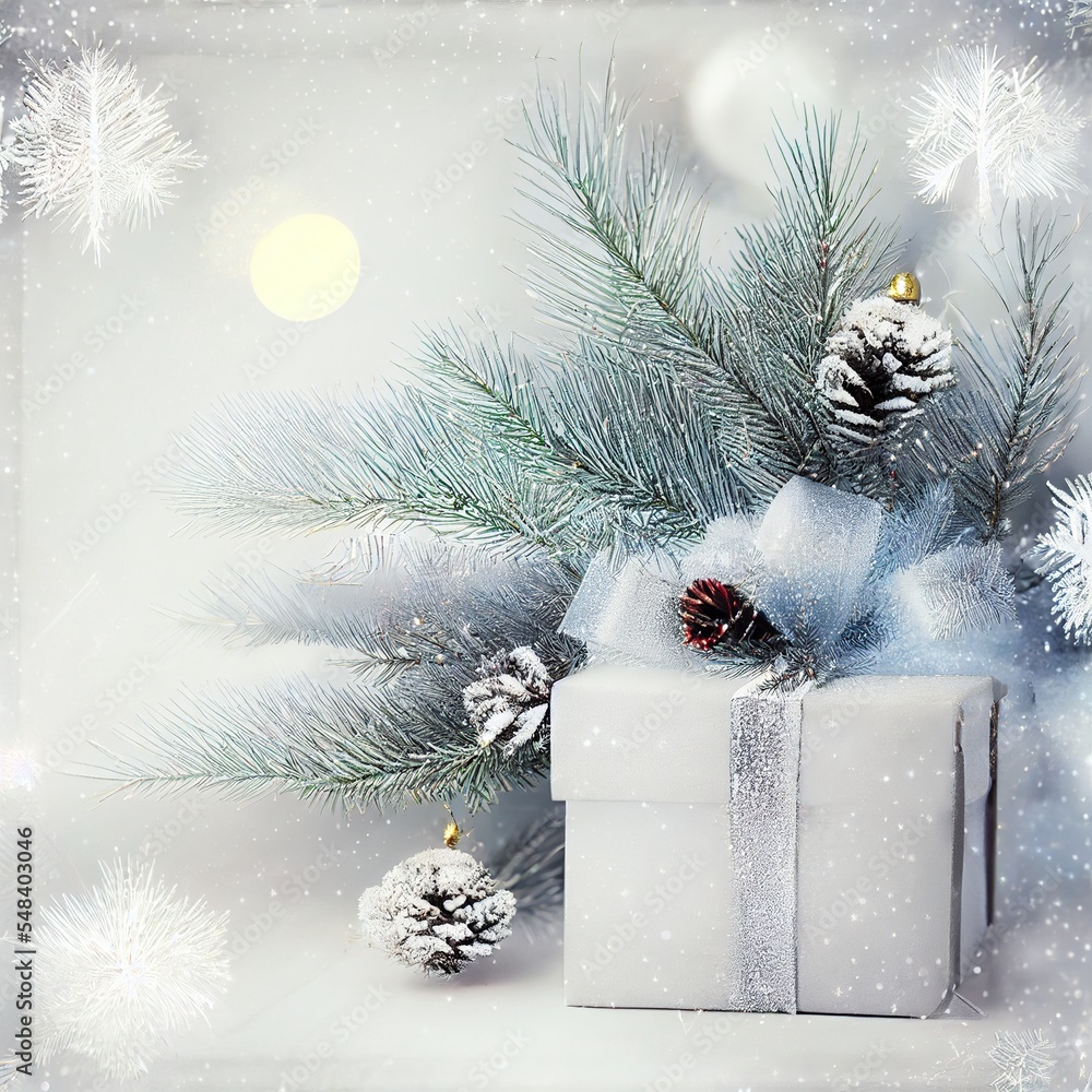 Poster a white present box with a pine cone on top of it and a pine cone on top of it generative ai