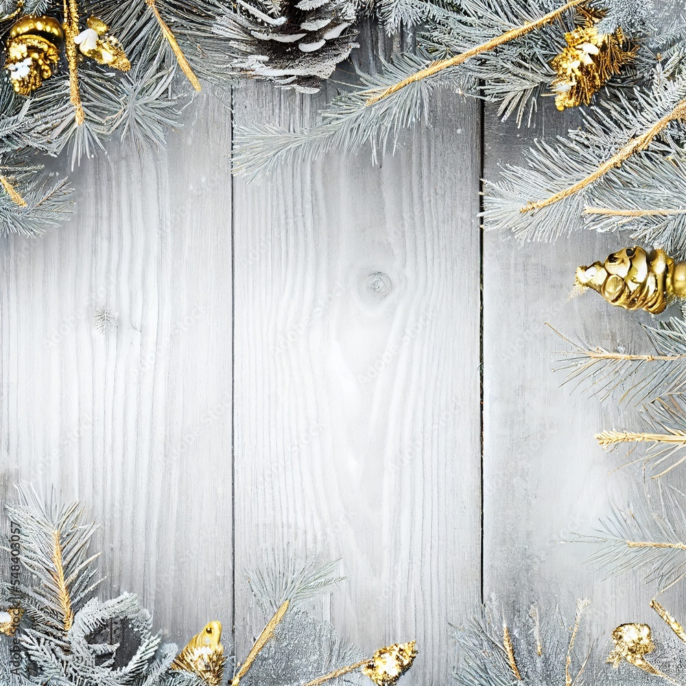 Poster a christmas tree with gold ornaments and pine cones on a white wooden background with copy space for