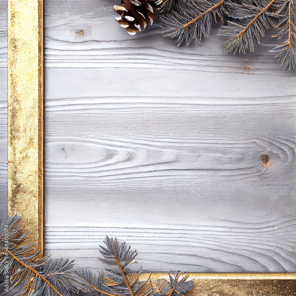 Poster a pine cone and pine needles on a wooden background with a gold frame and pine cones on the corner g