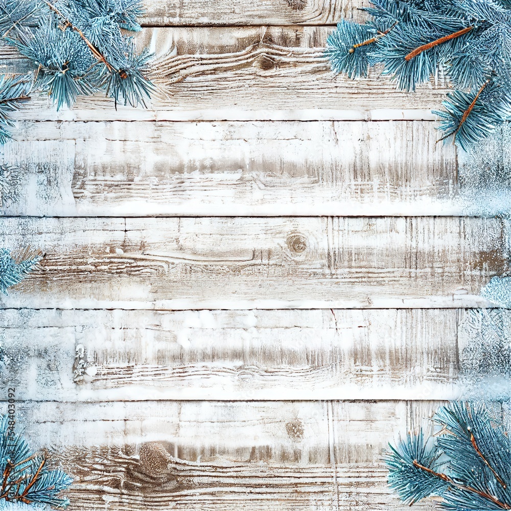Poster  a wooden background with pine branches and snow on it Generative AI