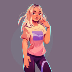 Young blonde woman in sportswear isolated on background. Female fashion model, beautiful attractive slim girl in t-shirt and pants. Standing pretty lady portrait, vector cartoon illustration