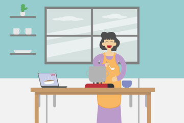 Hobby vector concept: Young woman watching video on laptop while learn cooking in the kitchen