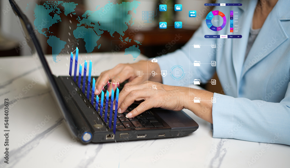 Poster business woman is working analytics data management system on computer, make a report with kpi and m