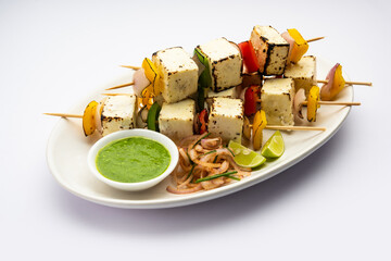 Malai Paneer Tikka Kabab is an Indian asian food made using cottage cheese grilled with cream