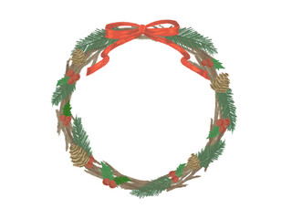 Simple and stylish Christmas wreath Red ribbon Hand drawn illustration / シンプルでおしゃれなクリスマスリース 赤いリボン 手描きイラスト