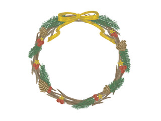 Simple and stylish Christmas wreath gold ribbon hand drawn illustration / シンプルでおしゃれなクリスマスリース ゴールドリボン 手描きイラスト