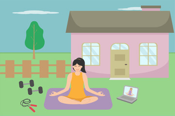 Woman doing yoga exercises or meditation pose in the backyard, flat design illustration