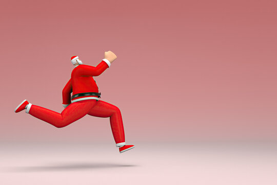 A man wearing Santa Claus costume is running. 3d rendering of cartoon character in acting.
