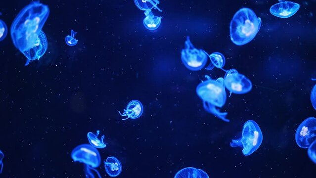 Close-up of jellyfish floating translucent blue light color background.