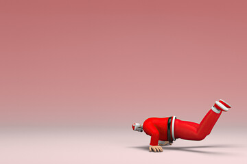 A man wearing Santa Claus costume. He is doing exercise.  3d rendering of cartoon character in acting.