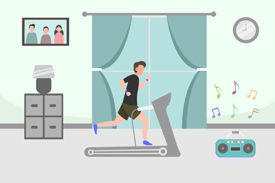 Man Running On Treadmill At Home