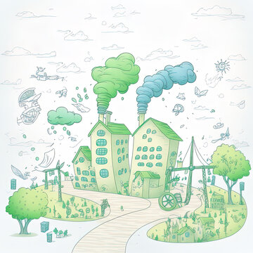 Environmental factory air pollution with text of go green hand drawn sketch 2d illustrated illustration