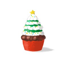 New year or christmas red cupcake with whipped cream and green glaze, decorated in shape of christmas tree, colorful confectionery balls and star isolated on white background