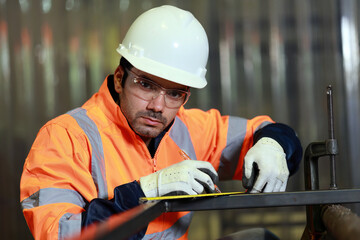 Technicians are using measuring tape to checking the accuracy of the steel structure after assembly before delivery.	
