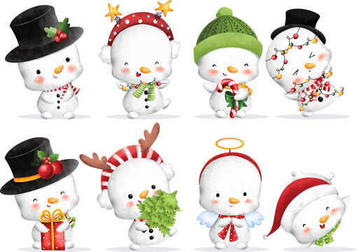 Watercolor Illustration set of cute snowman character