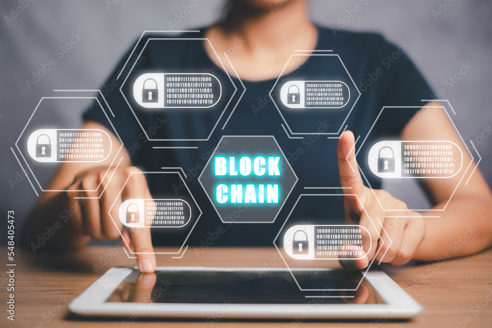 Aufkleber blockchain technology concept, young woman working on digital tablet with blockchain icon on vr scre