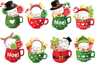 Watercolor Illustration set of cute snowman in cup with Christmas ornaments