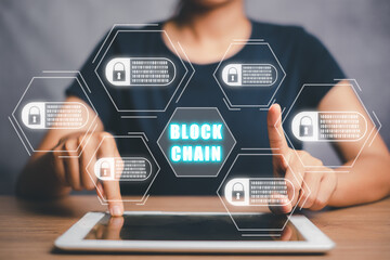 Blockchain technology concept, Young woman working on digital tablet with blockchain icon on vr...