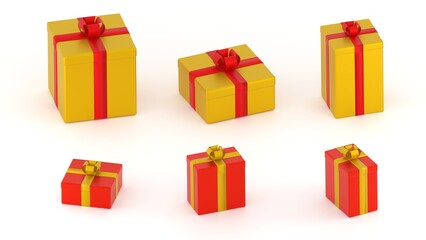 Set of red and golden gift boxes with ribbons. 3d illustration