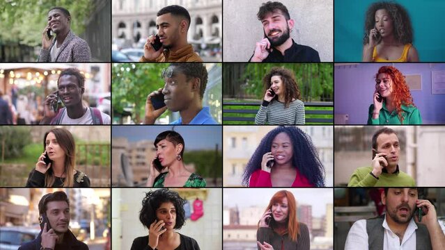 Multiscreen or colage of people talking on smartphone