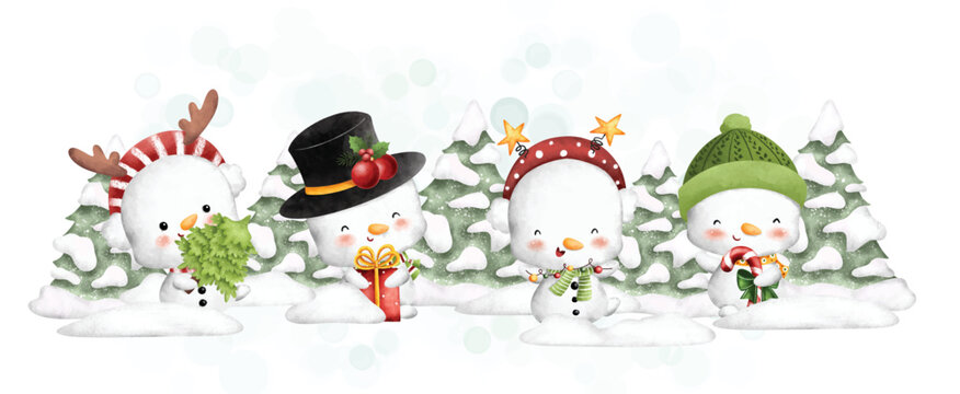 Watercolor illustration snowman and winter tree banner