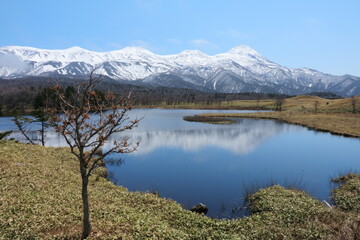 Fototapeta na wymiar Shiretoko goko lakes with snow mountains in Hokkaido