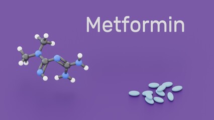 Metformin medication used to treat type 2 diabetes. 3d illustration. Metformin molecule and tablets.