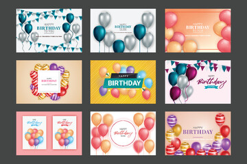 Birthday background set  with realistic balloons and golden confetti Happy birthday greeting card set 