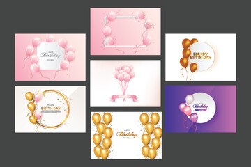 Birthday background set  with realistic balloons and golden confetti Happy birthday greeting card set 