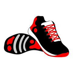 Red and black shoes isolated on white background. Bright Sport sneakers symbol. Vector illustration.