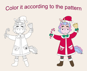 Color according to the pattern, a page for children's coloring with a cute unicorn
