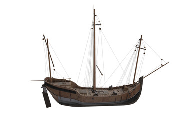 classic wooden boat without sails with cannons on sides