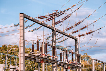 electrical substation with various voltage converters and transformers for energy transmission to consumers