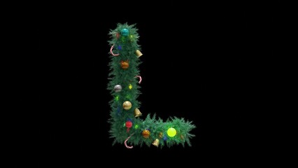 Capital letter L from Christmas tree twigs with decorations on black background. Christmas alphabet. Letters from Christmas tree branches with decorations. 3d illustration