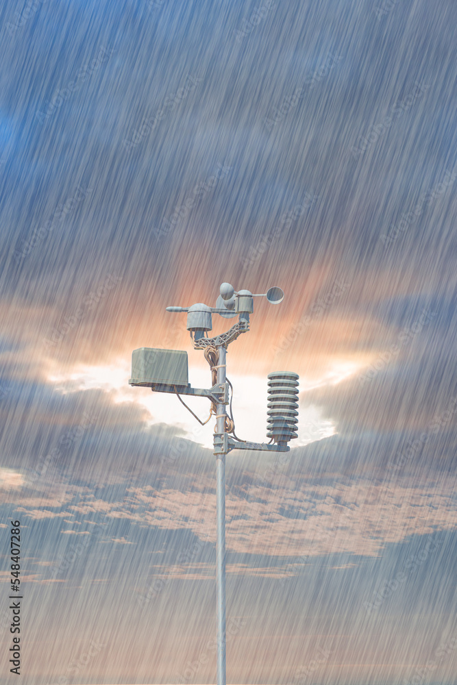 Wall mural weather station automatic measurement of weather parameters with stormy sky and rain and lightning