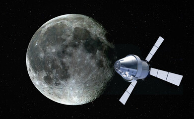 Orion spacecraft flight in space on orbit of moon. 