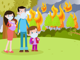Parents and their children looking at fire forest