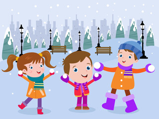 Three children playing snow together in the park
