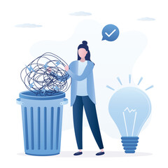 Business woman throws messy chaos out of his head into trash can. New idea, creativity. Order in thoughts and head, mental health. Brainstorming, concept. Creativity to solve problems.